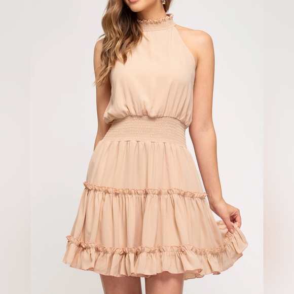 Amazon Dresses & Skirts - Amazon NWT‎ Taupe Halter Neck Smocked Sleeveless Dress Sz L